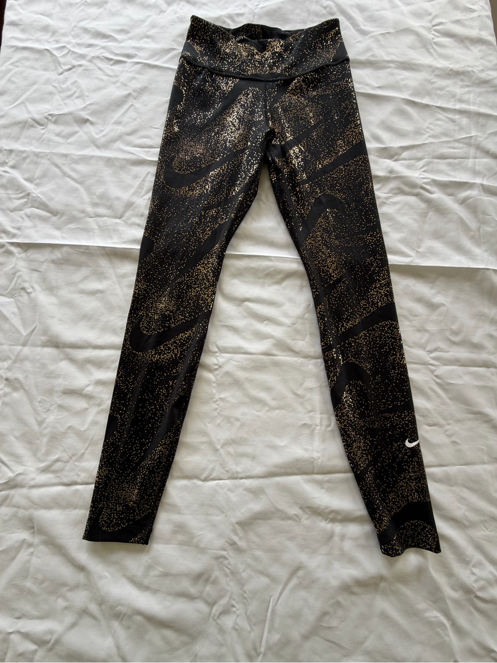 Nike Black Leggings with Gold Speckle Print and Silver Swoosh
